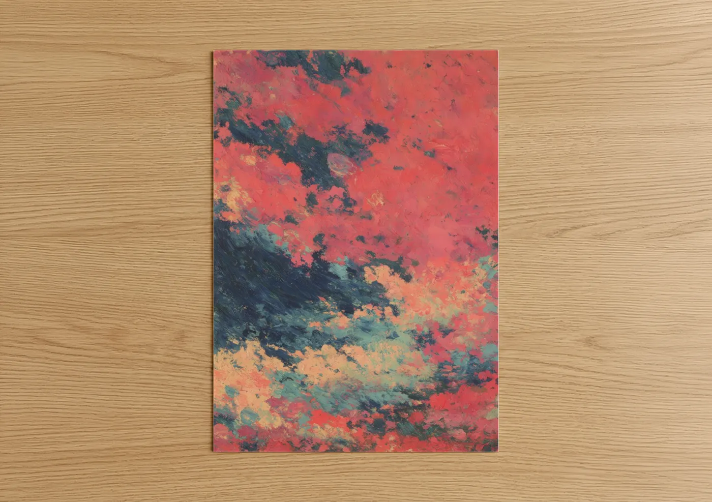Art print on warm oak wood — red and dark blue palette — Crimson Nebula poster