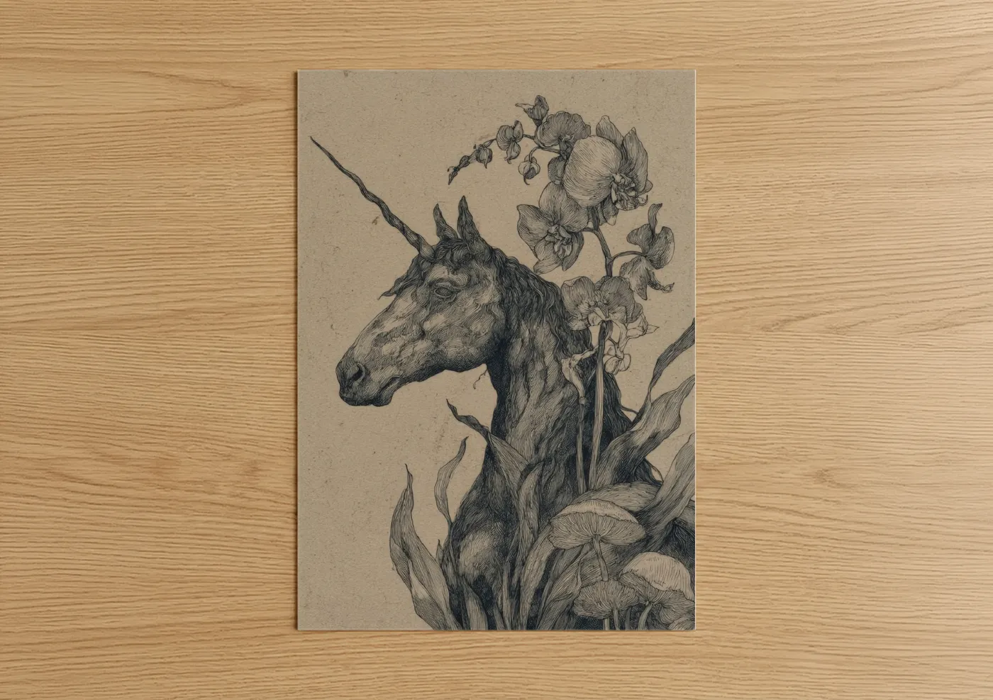 Botanical Unicorn Pen Drawing Wall Art
