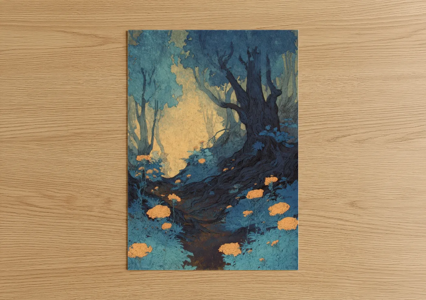 Forest trees art print on warm oak wood — dark blue and gold palette — Moonlit Forest poster