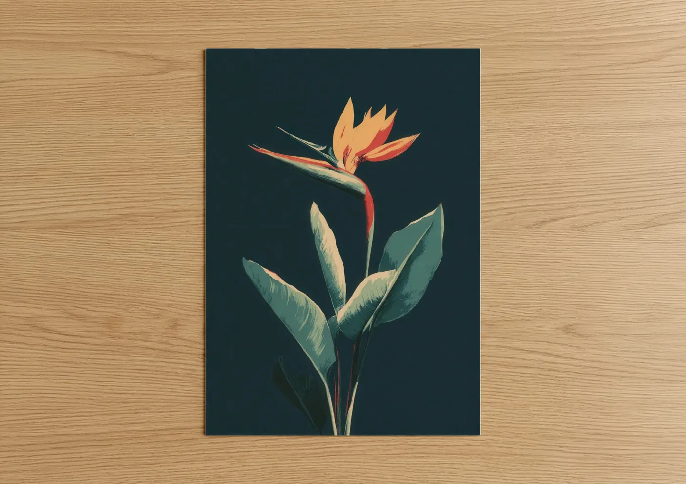 Birds of paradise art print on warm oak wood — gold and teal palette — Golden Bird Paradise poster