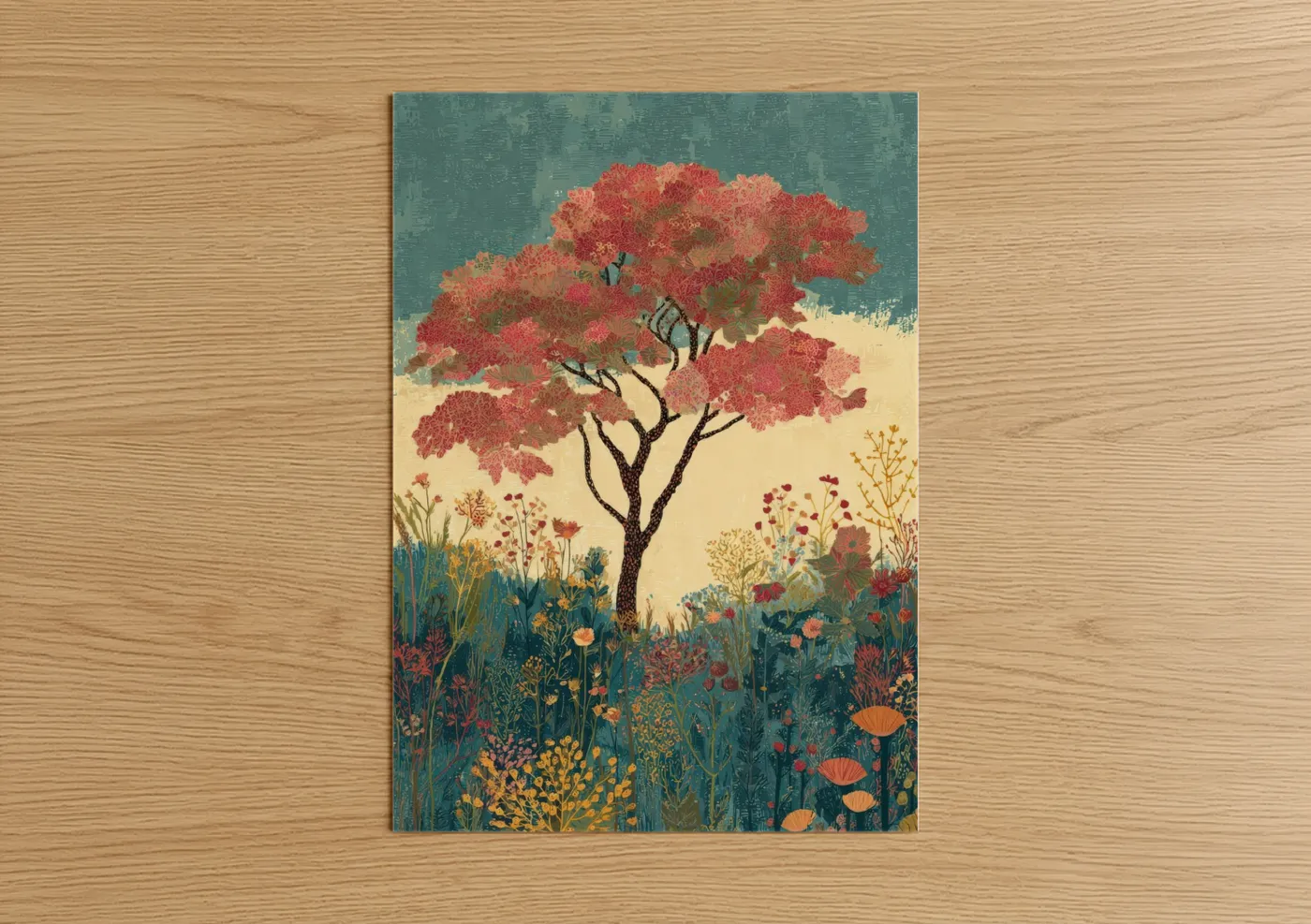 Crimson Arbutus Tree Botanical Illustration Wall Art