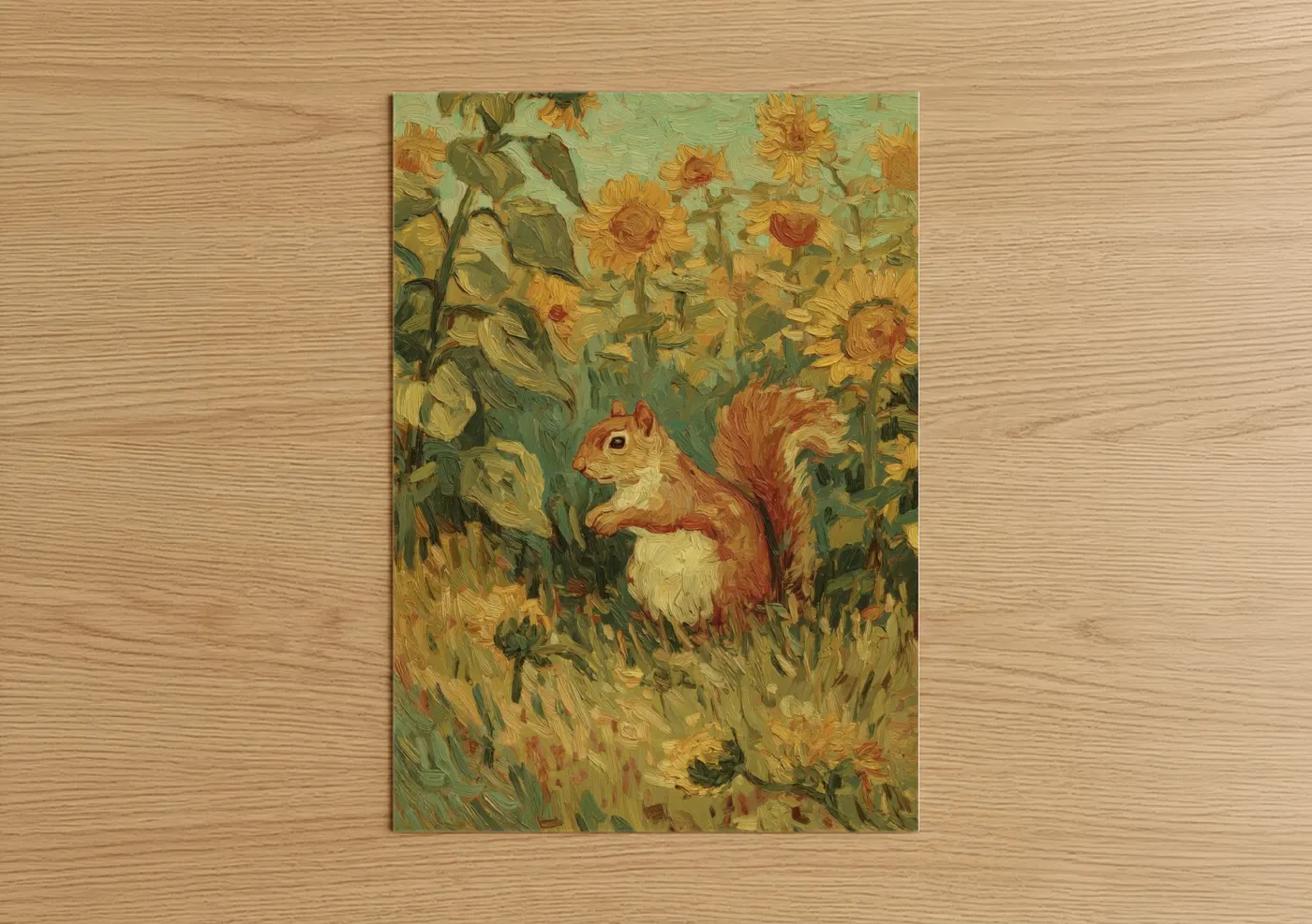 Red Squirrel Sunflower Field Painting Wall Art