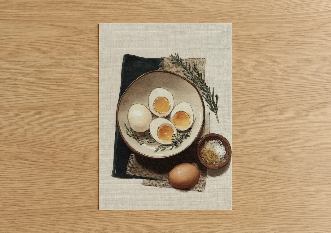 Art print on warm oak wood — cream and brown palette — Soft Boiled Breakfast poster