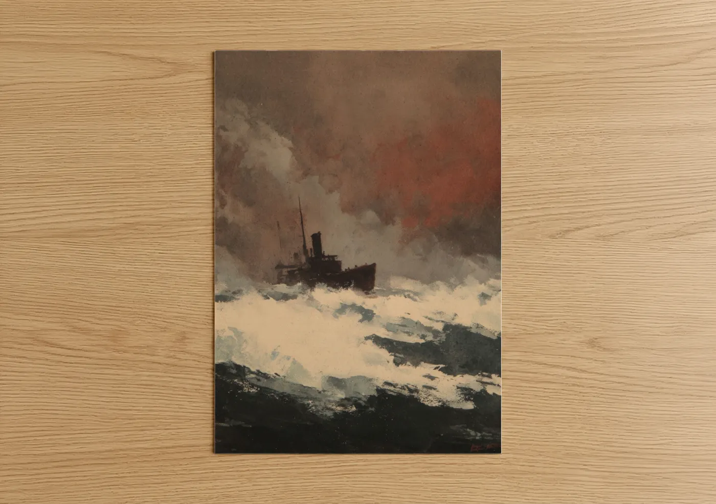 Art print on warm oak wood — russet and cream palette — Storm Port poster
