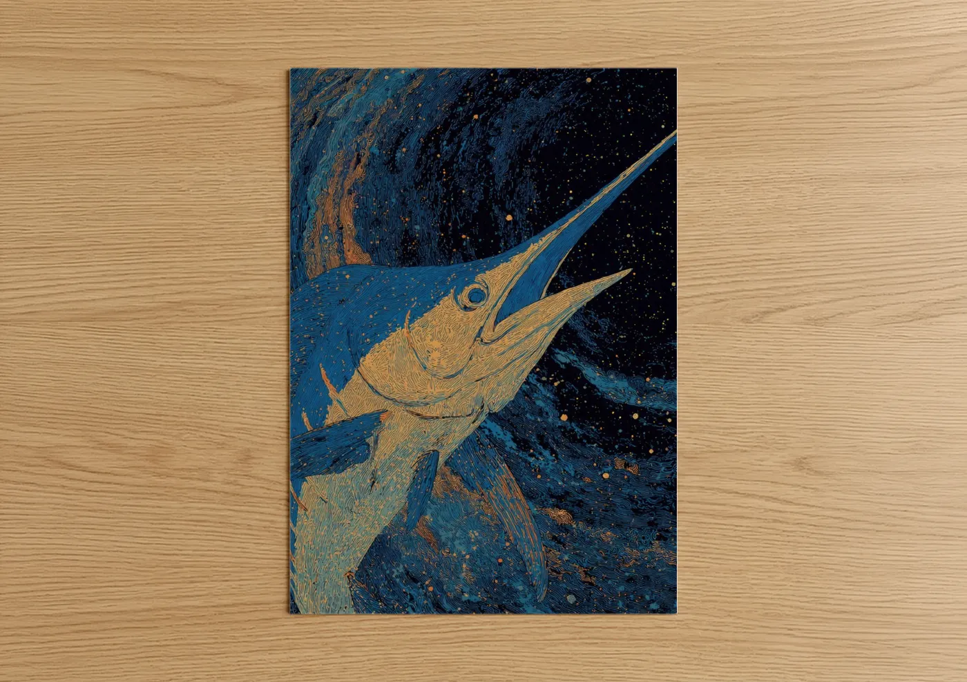 Art print on warm oak wood — blue and gold palette — Golden Sailfish poster