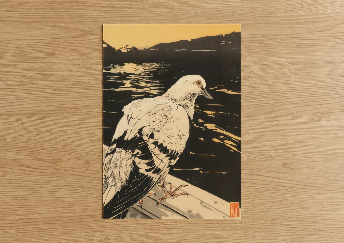 Waterfront Pigeon Japanese Woodblock Wall Art