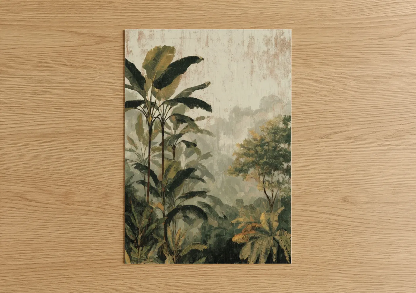Art print on warm oak wood — sage green and cream palette — Misty Palm Forest poster