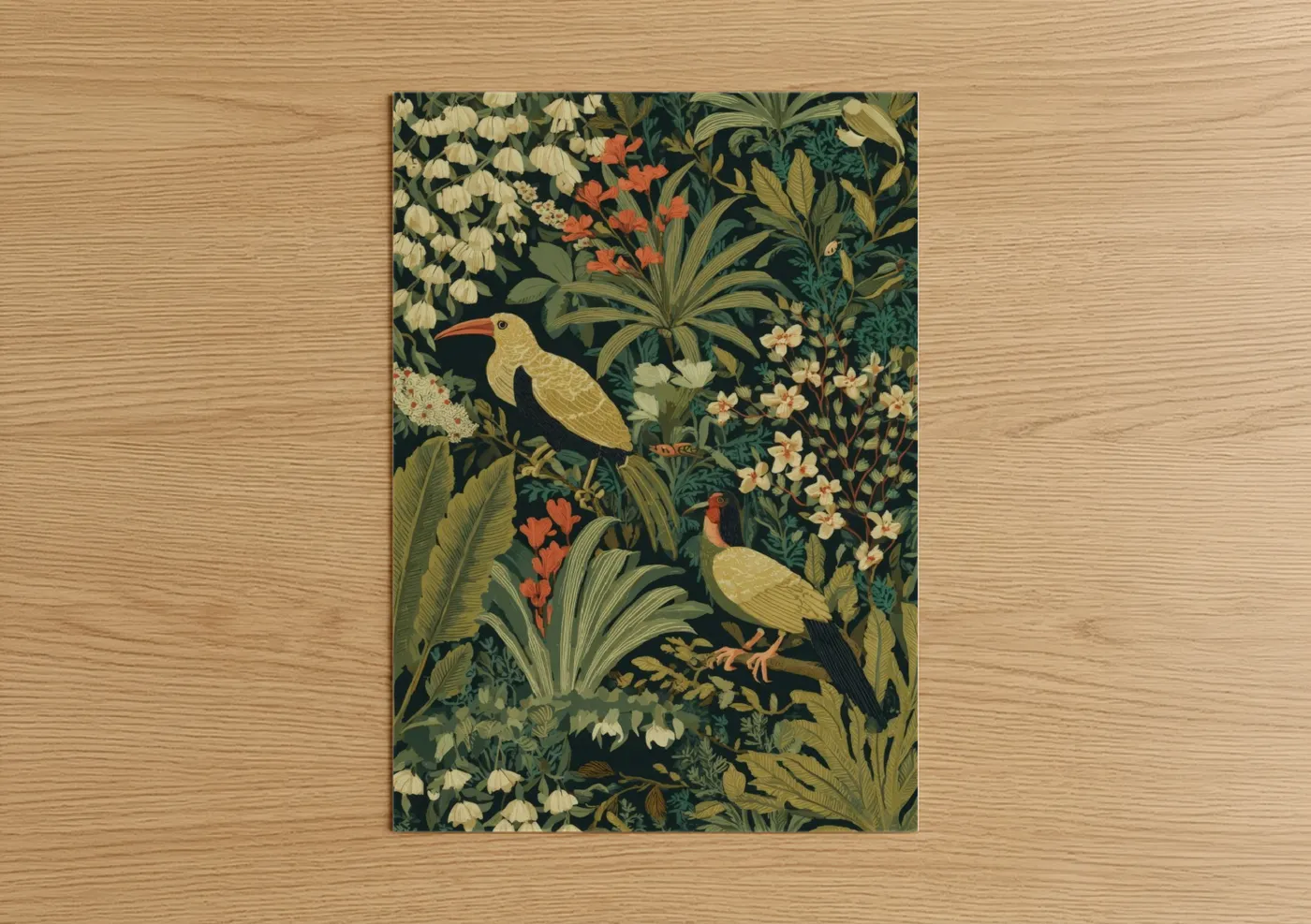 Summer art print on warm oak wood — dark green and gold palette — Tropical Bird Garden poster