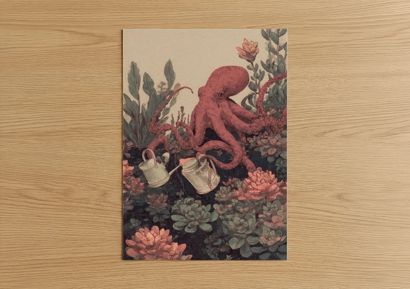 Art print on warm oak wood — rose gold and sage green palette — Gardening Octopus poster