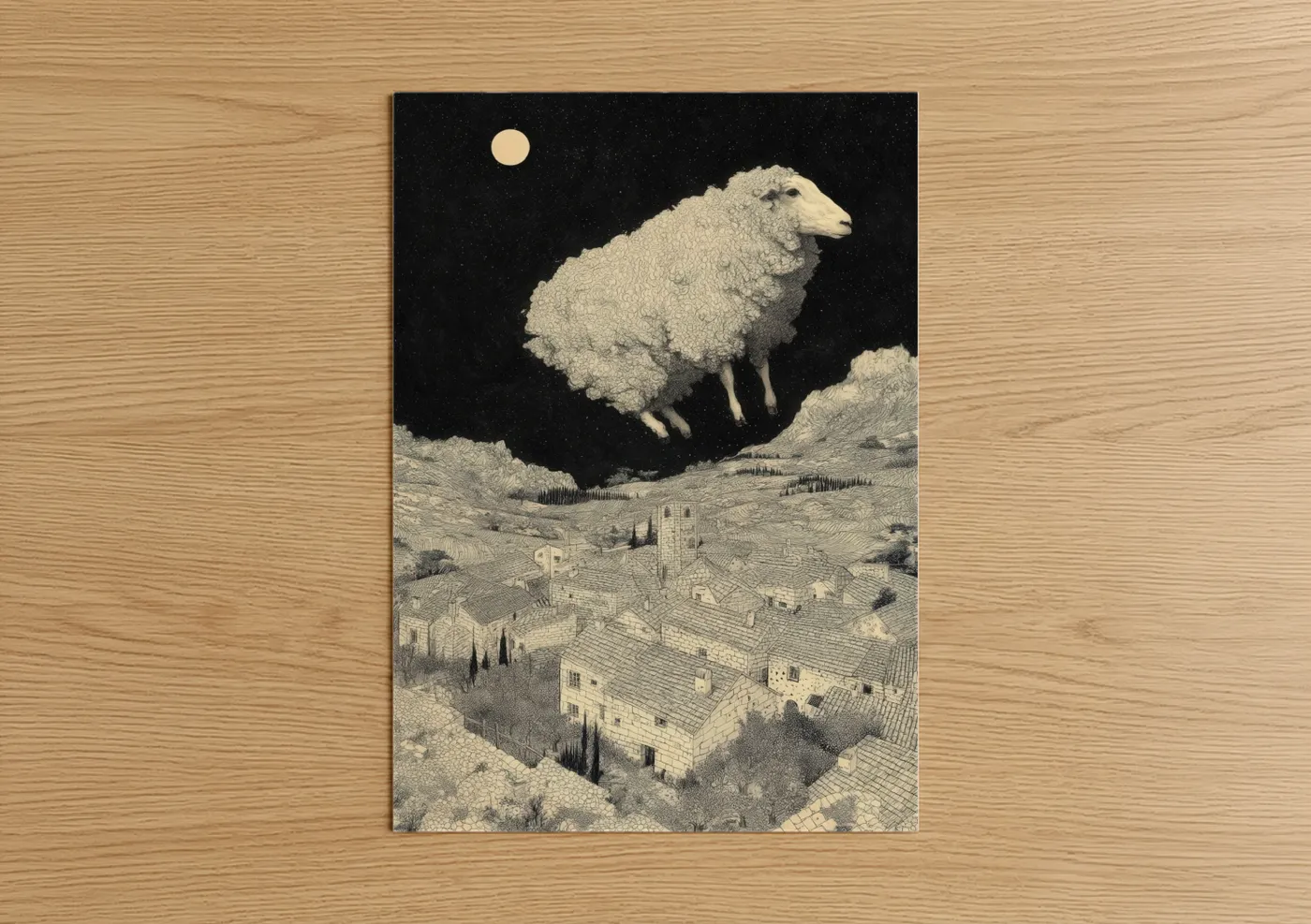 Art print on warm oak wood — cream and black palette — Moonlit Sheep Guardian poster