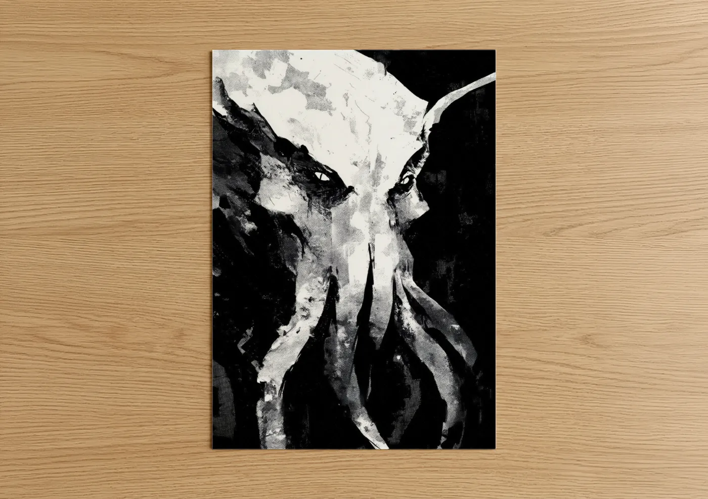 Art print on warm oak wood — black and white palette — Cosmic Cthulhu poster