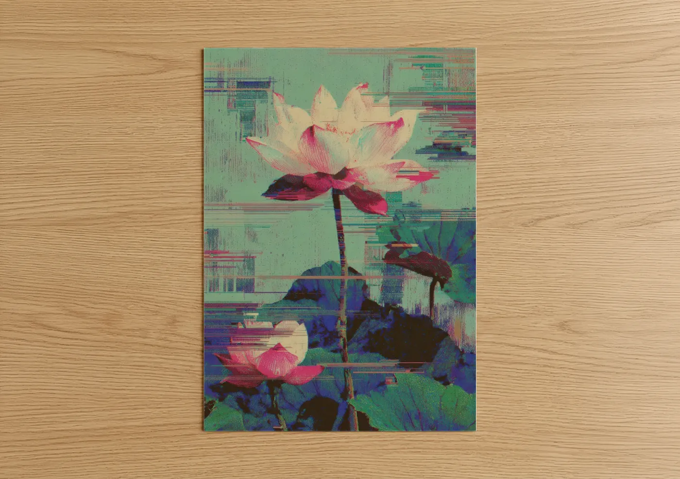 Art print on warm oak wood — magenta and light green palette — Digital Lotus Bloom poster