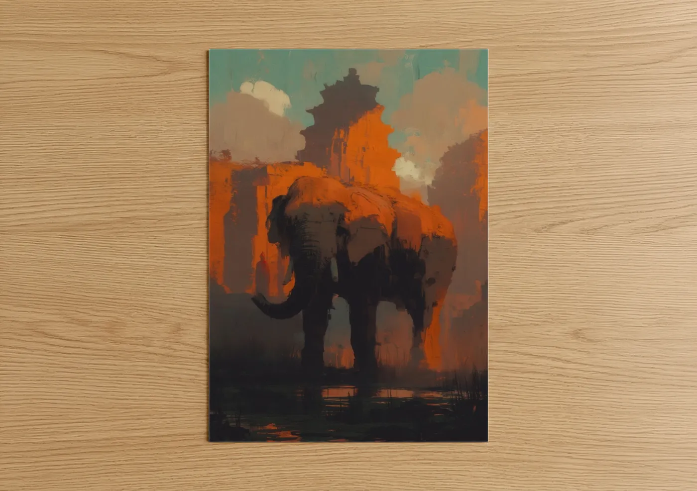 Asian Elephant Ancient Temple Illustration Wall Art