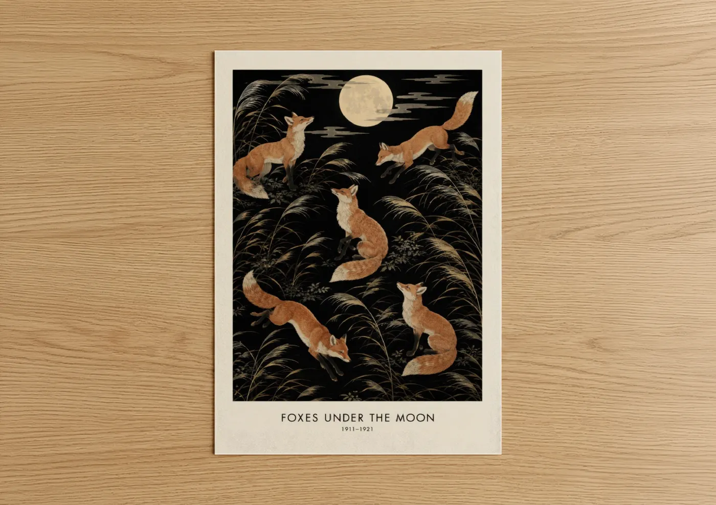 Art print on warm oak wood — black and gold and cream palette — Japanese Foxes Under Full Moon Wall Art poster
