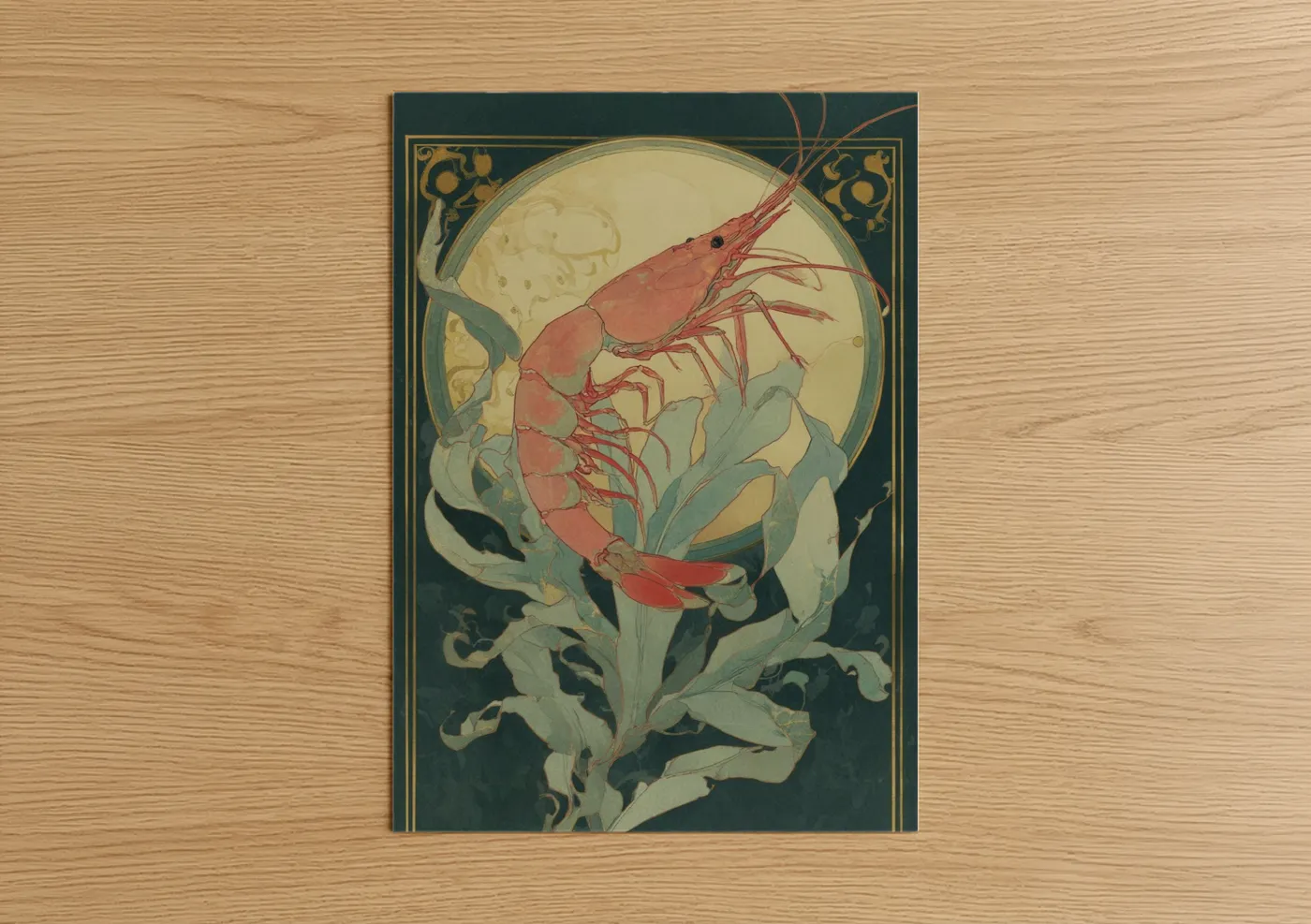 Art print on warm oak wood — salmon pink and gray palette — Crimson Shrimp poster