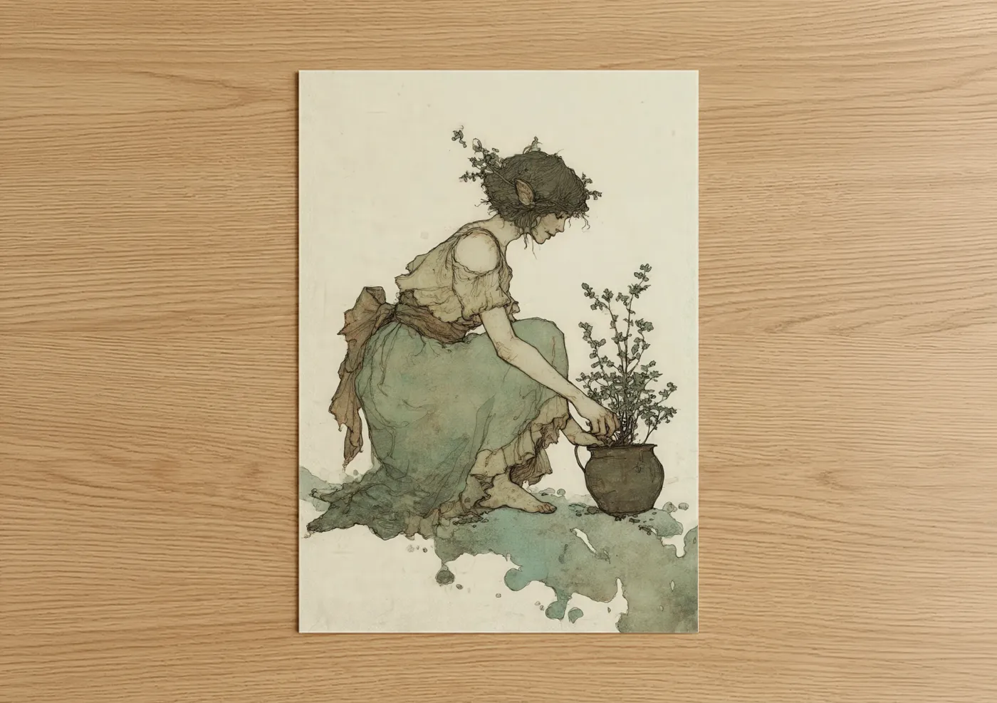 Herbs art print on warm oak wood — green and beige palette — Nurturing Gardener poster