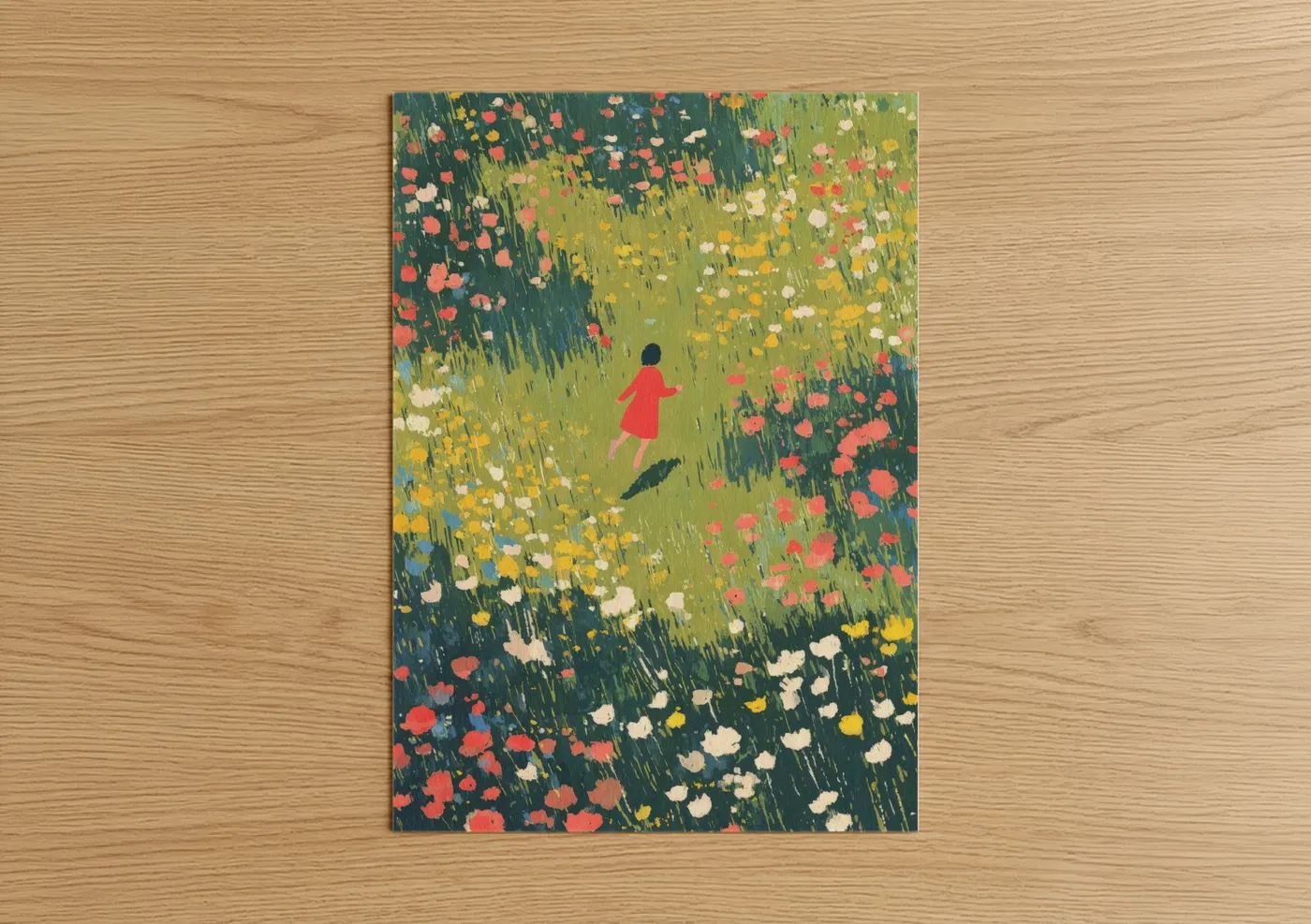 Woman Running Through Wildflower Field Wall Art