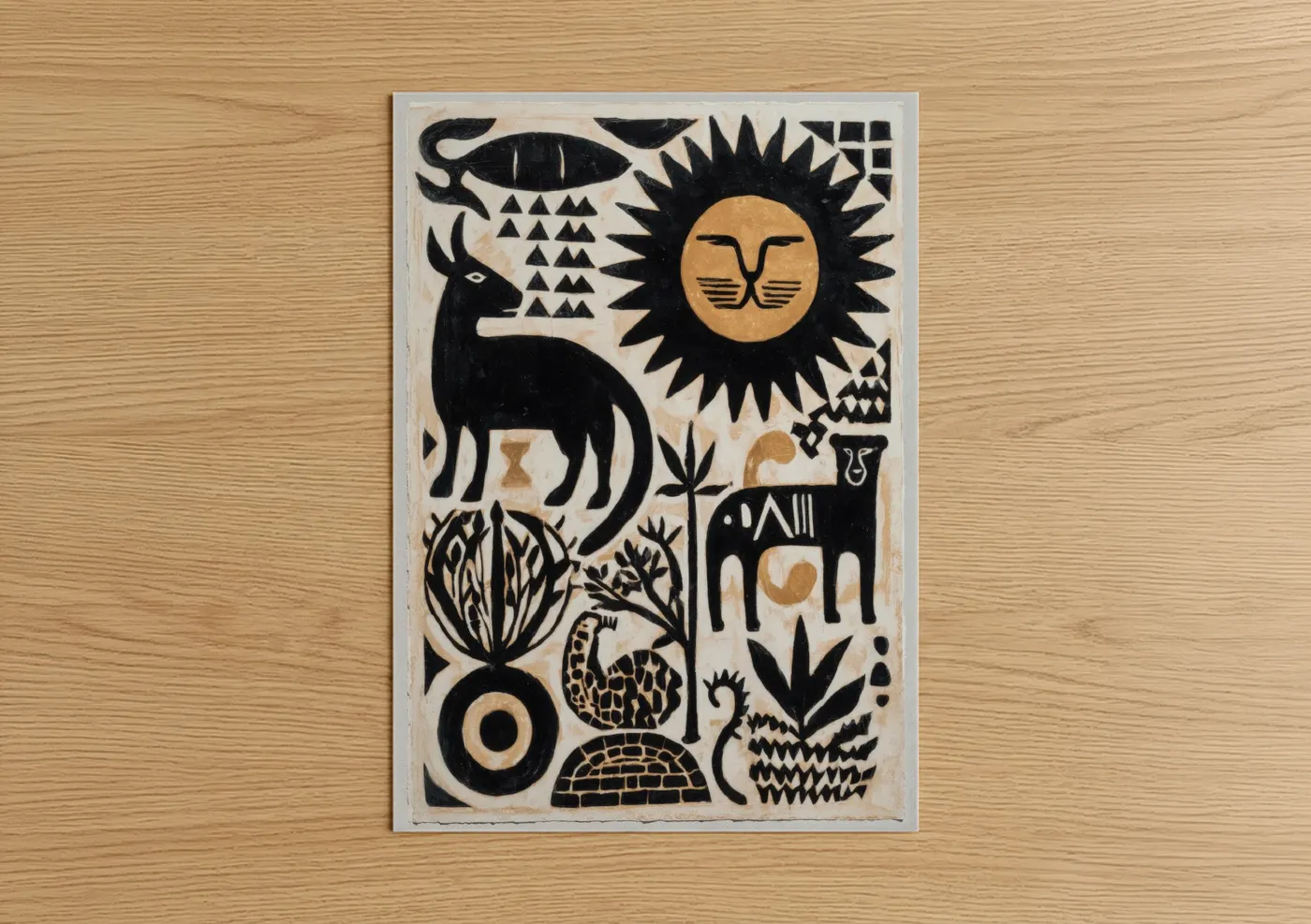 Abstract traditional art print on warm oak wood — black and cream palette — Savanna Symbols poster