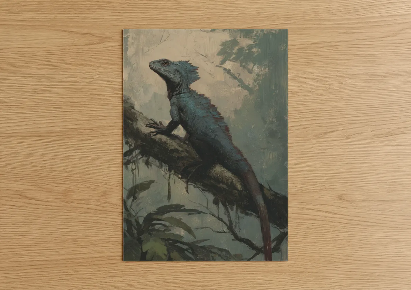 Art print on warm oak wood — teal and sage green palette — Teal Basilisk poster