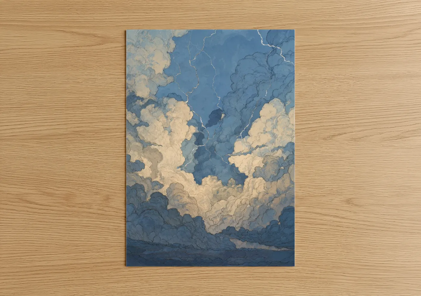 Art print on warm oak wood — blue and cream palette — Dramatic Storm Clouds poster