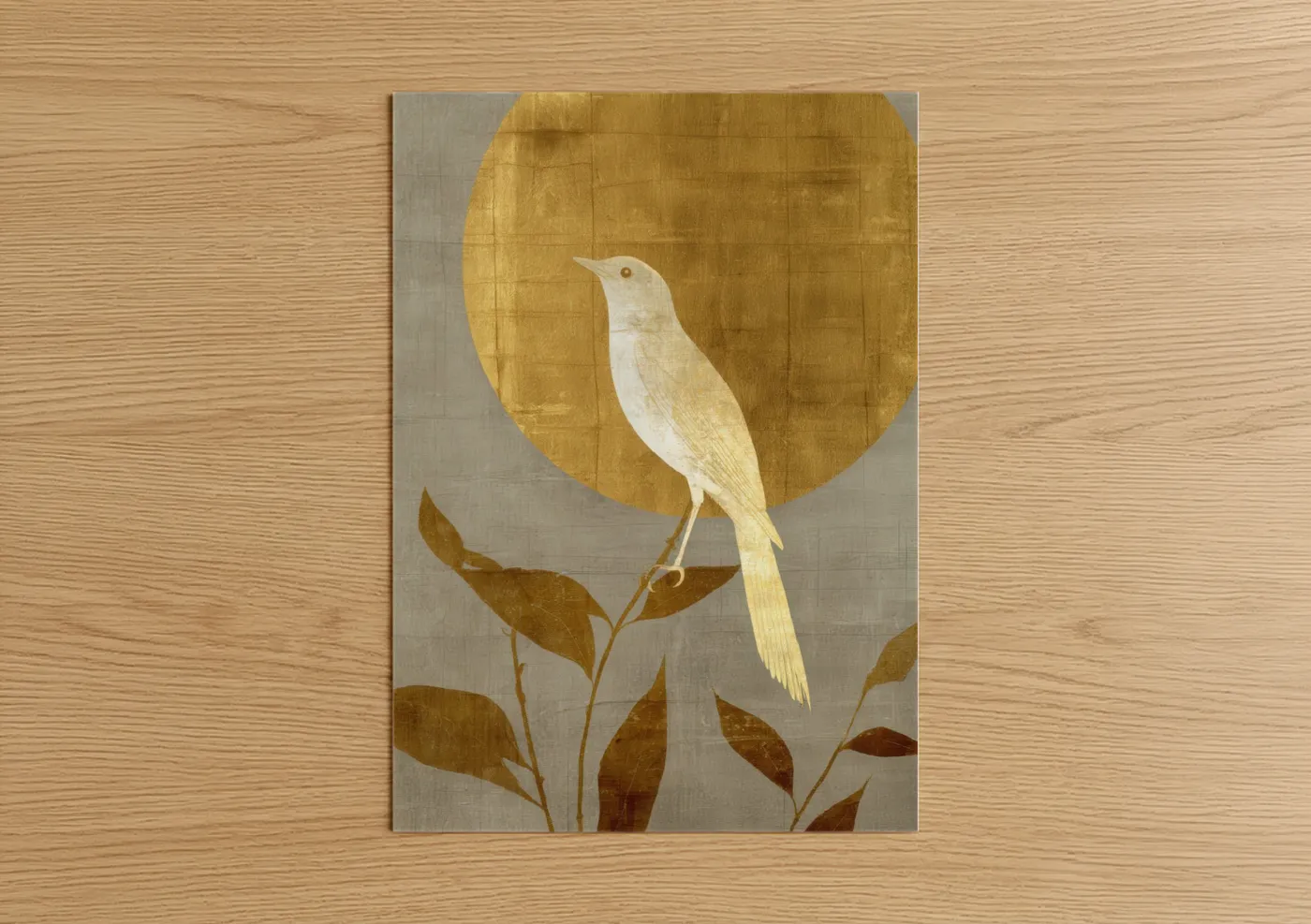 Art print on warm oak wood — gold and white palette — Golden Songbird poster