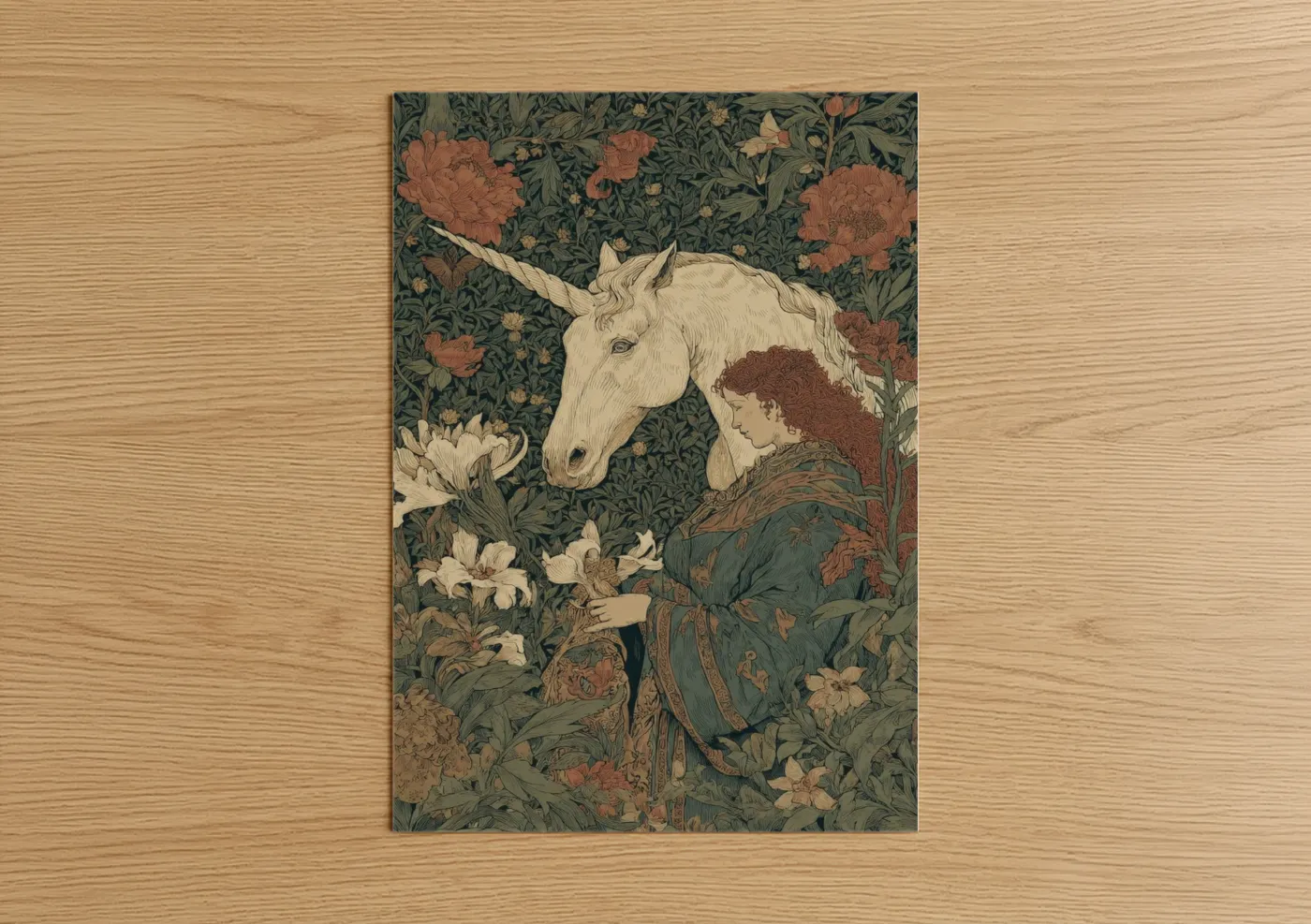 Unicorns art print on warm oak wood — sage green and russet palette — Maiden Unicorn poster