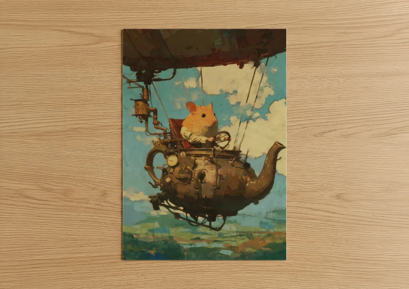 Art print on warm oak wood — teal and gold palette — Steampunk Hamster poster