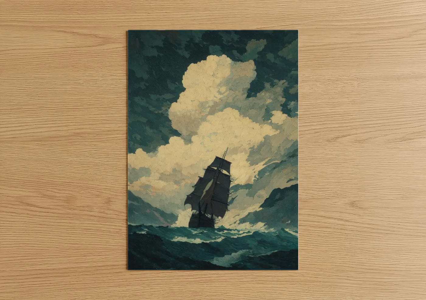 Sailing ship art print on warm oak wood — teal and cream palette — Stormy Seas Sailing poster