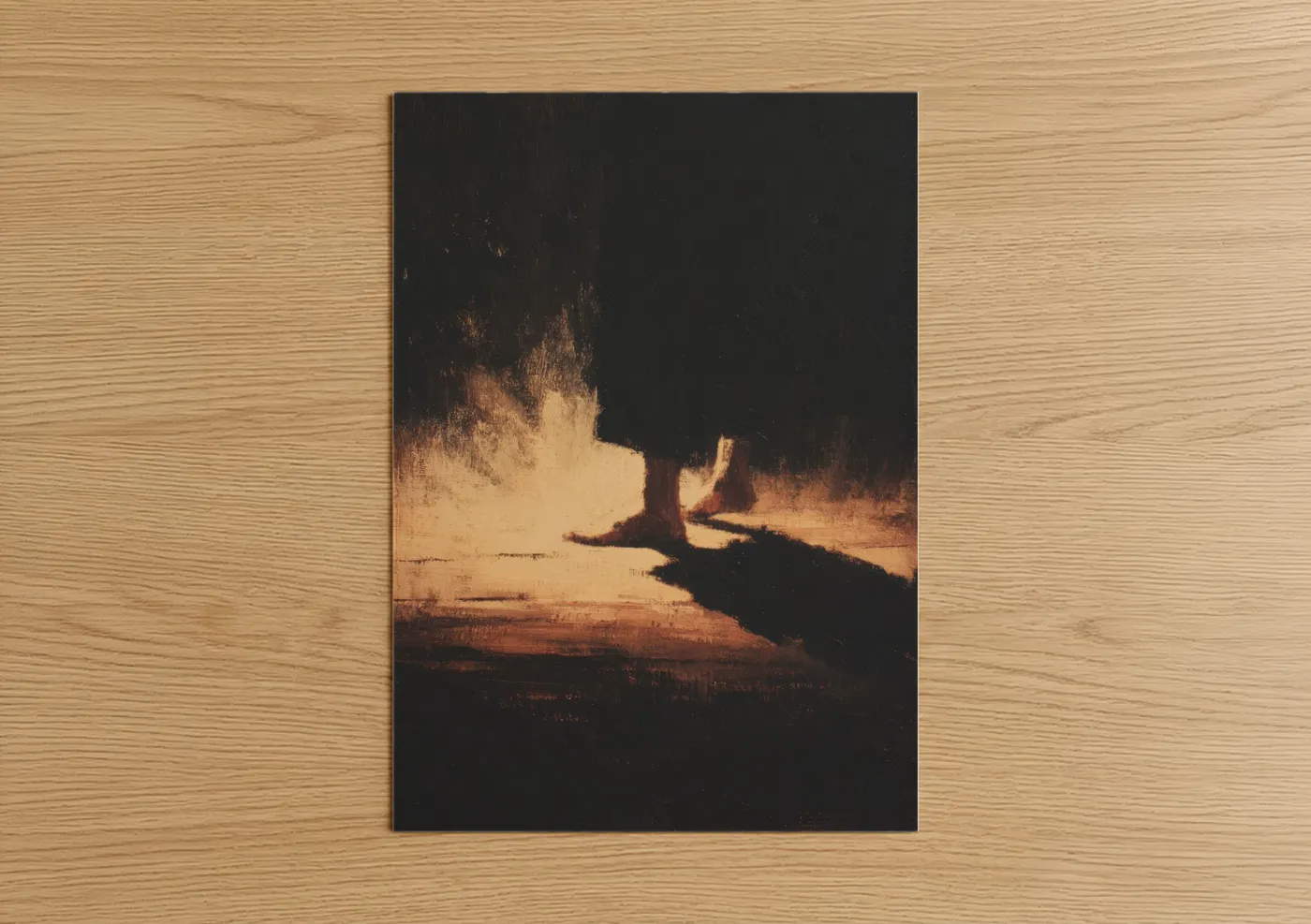 Kung fu art print on warm oak wood — gold and black palette — Shadow Warrior poster