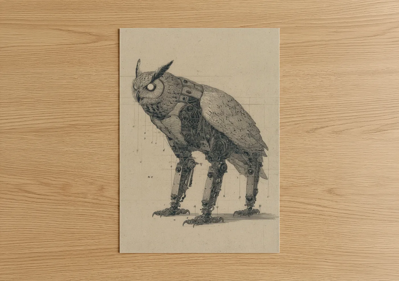 Art print on warm oak wood — black and white and beige palette — Steampunk Chimera poster