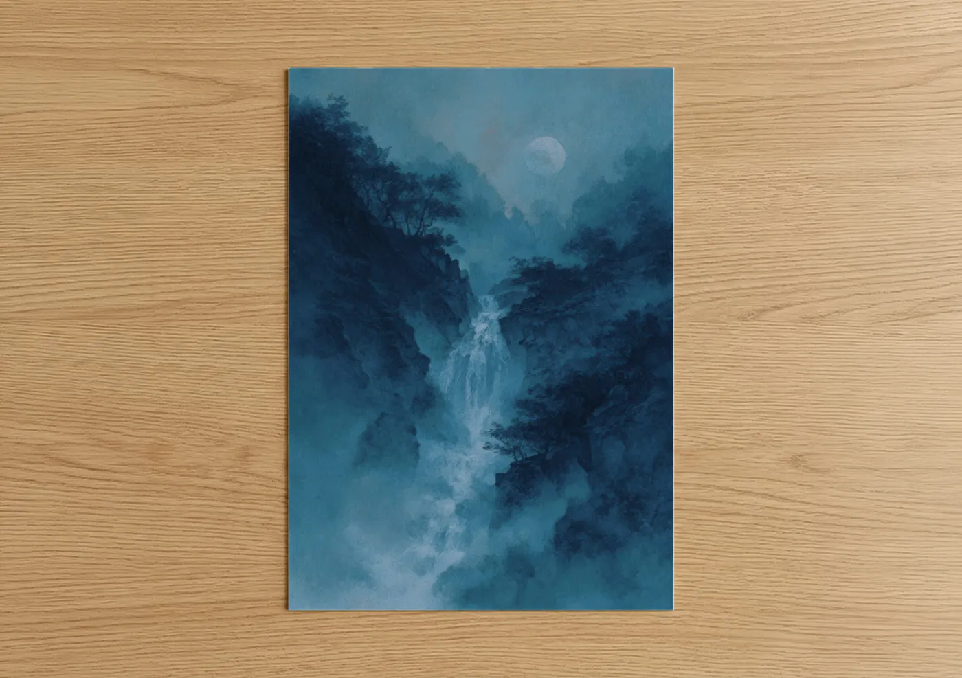 Moonlit Waterfall Night Forest Mist Wall Art