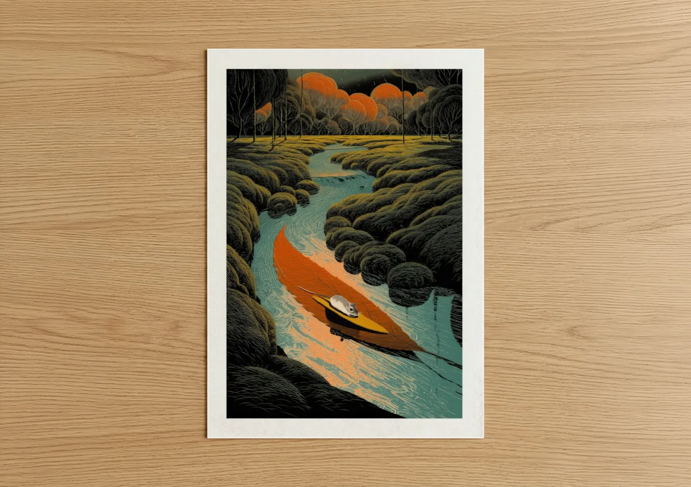 Art print on warm oak wood — orange and teal palette — Sunset Kayak Gerbil poster