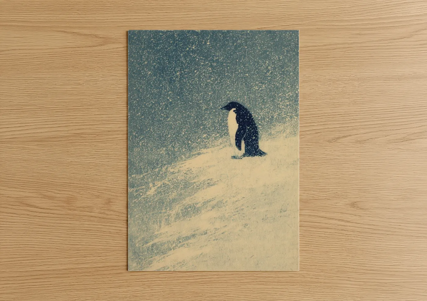 Art print on warm oak wood — teal and cream palette — Snowy Penguin poster