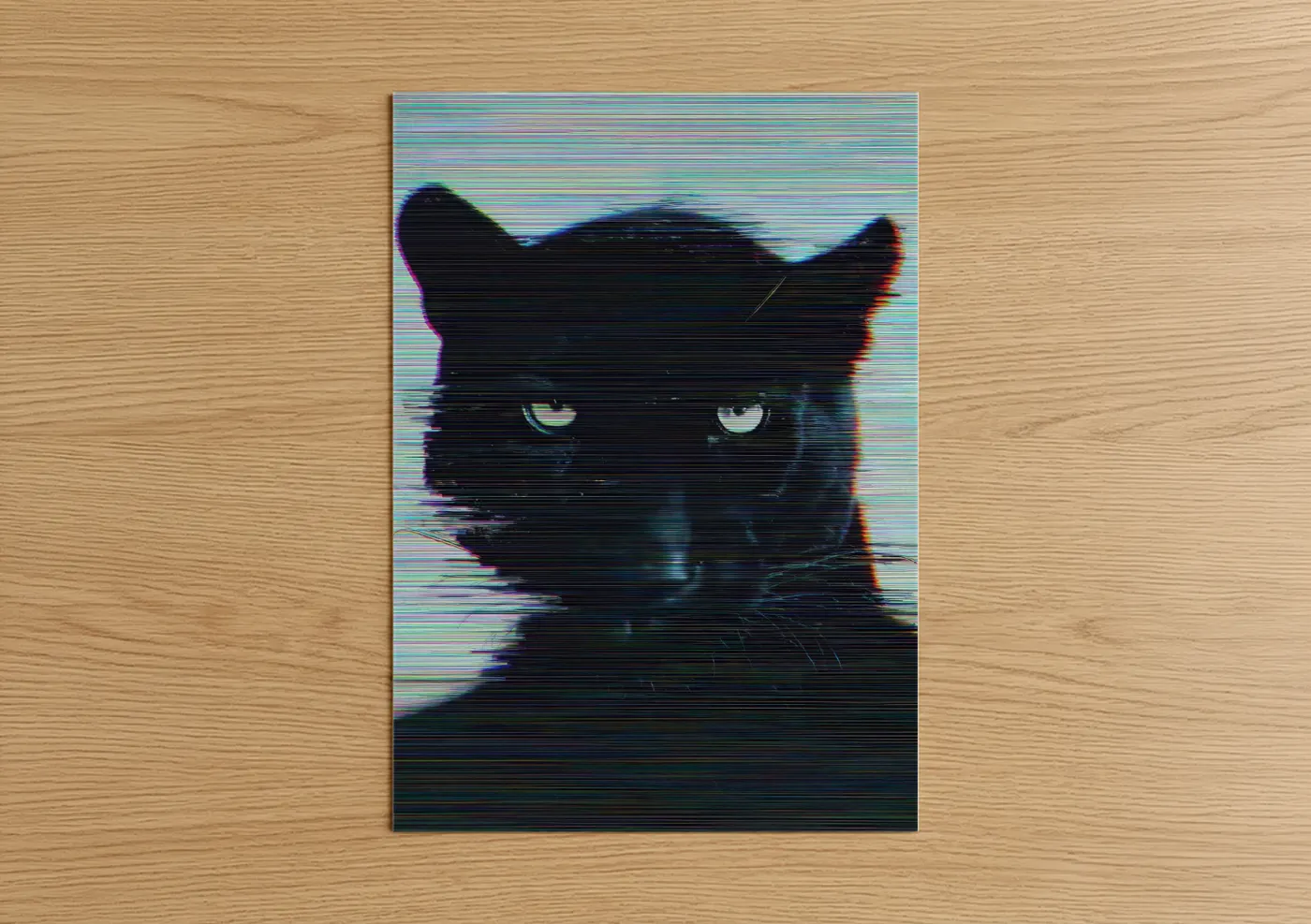 Art print on warm oak wood — black and blue and black and pink palette — Glitch Panther poster