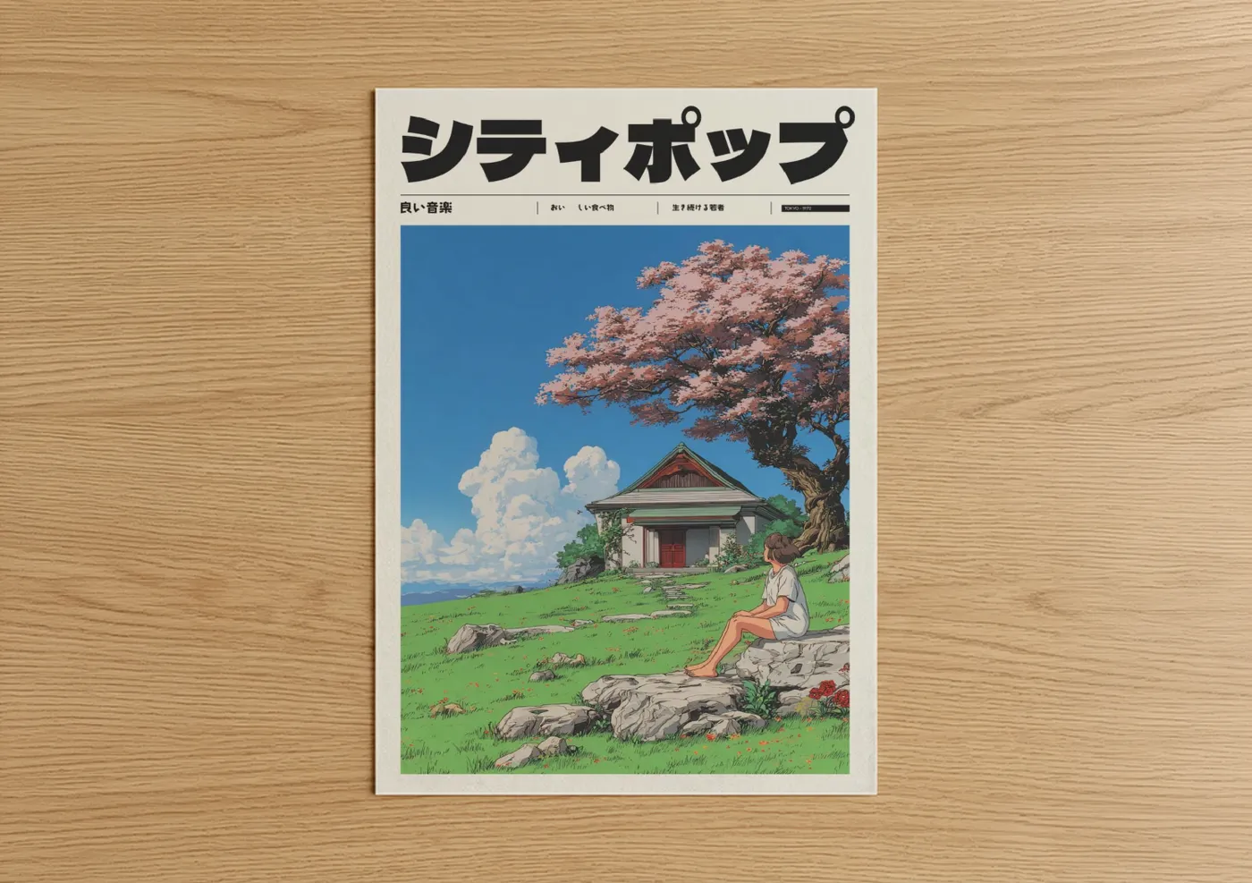 Anime and manga art print on warm oak wood — blue and green palette — Serene Garden Moment poster