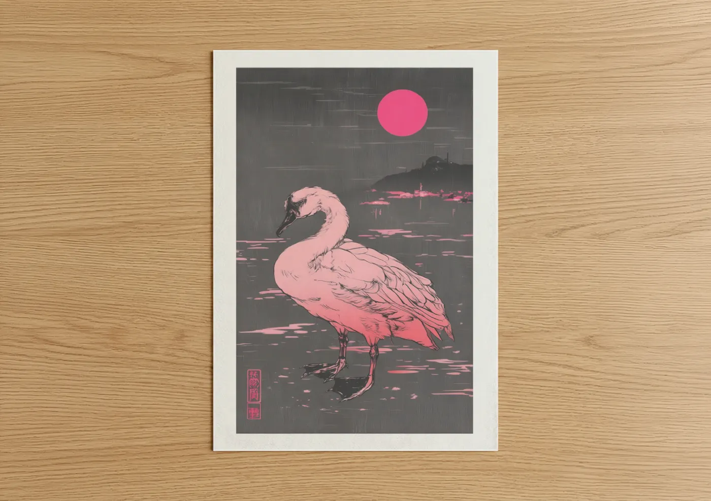 Pink Swan Moonlight Woodblock Wall Art