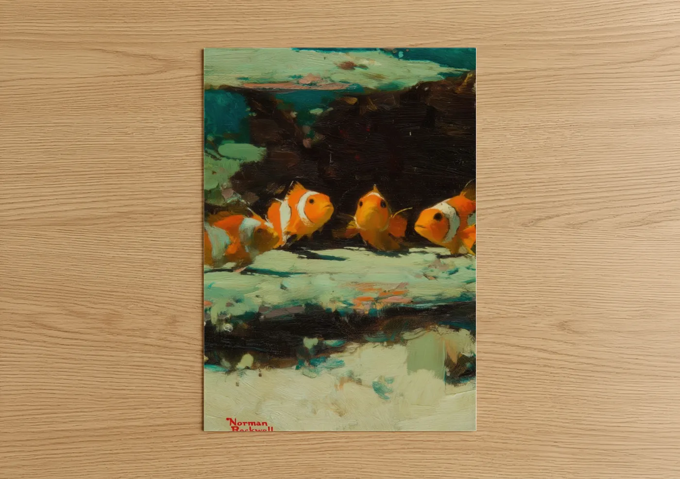 Clown fish art print on warm oak wood — orange and teal palette — Clownfish Coral Reef poster