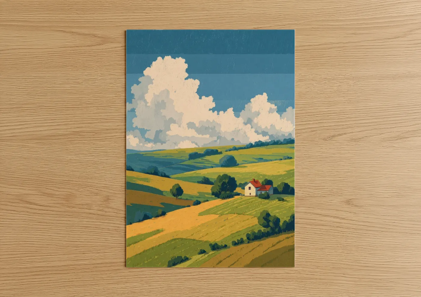 Art print on warm oak wood — gold and true green palette — Golden Valley Summer poster