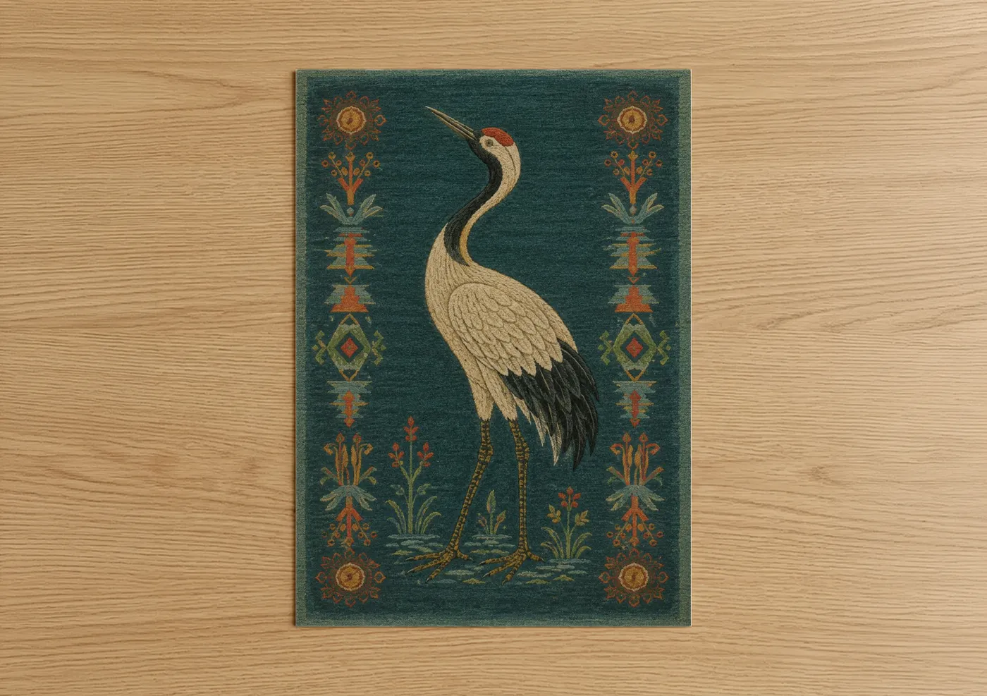 Art print on warm oak wood — teal and gold palette — Japanese Crane Decorative Wall Art poster