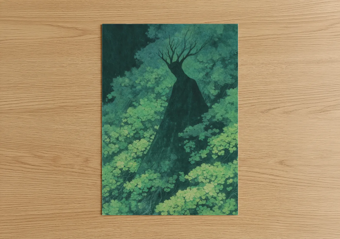 St. patrick's day art print on warm oak wood — dark green and lime green palette — Emerald Forest Tree poster