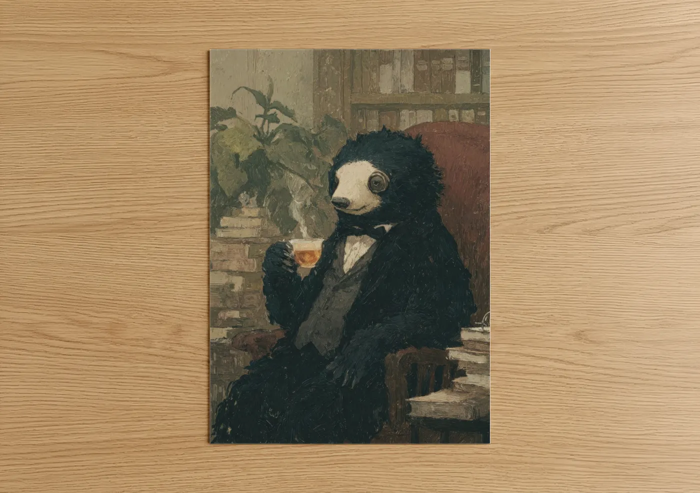 Art print on warm oak wood — beige and brown palette — Dapper Sloth Bear poster