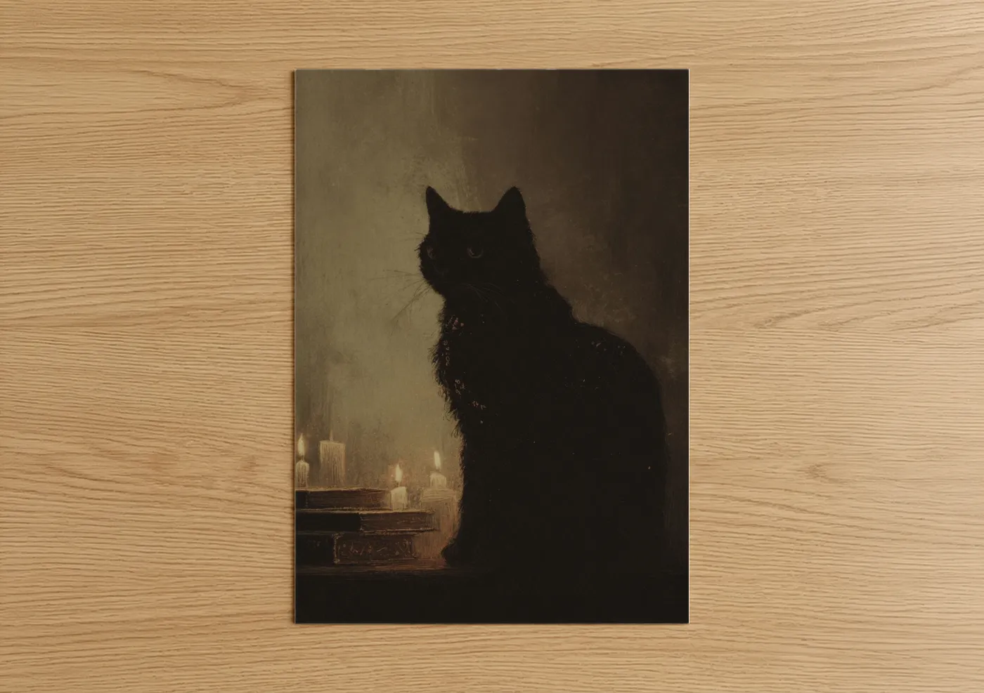 Magic and witchcraft art print on warm oak wood — black and gold palette — Mystical Black Cat poster