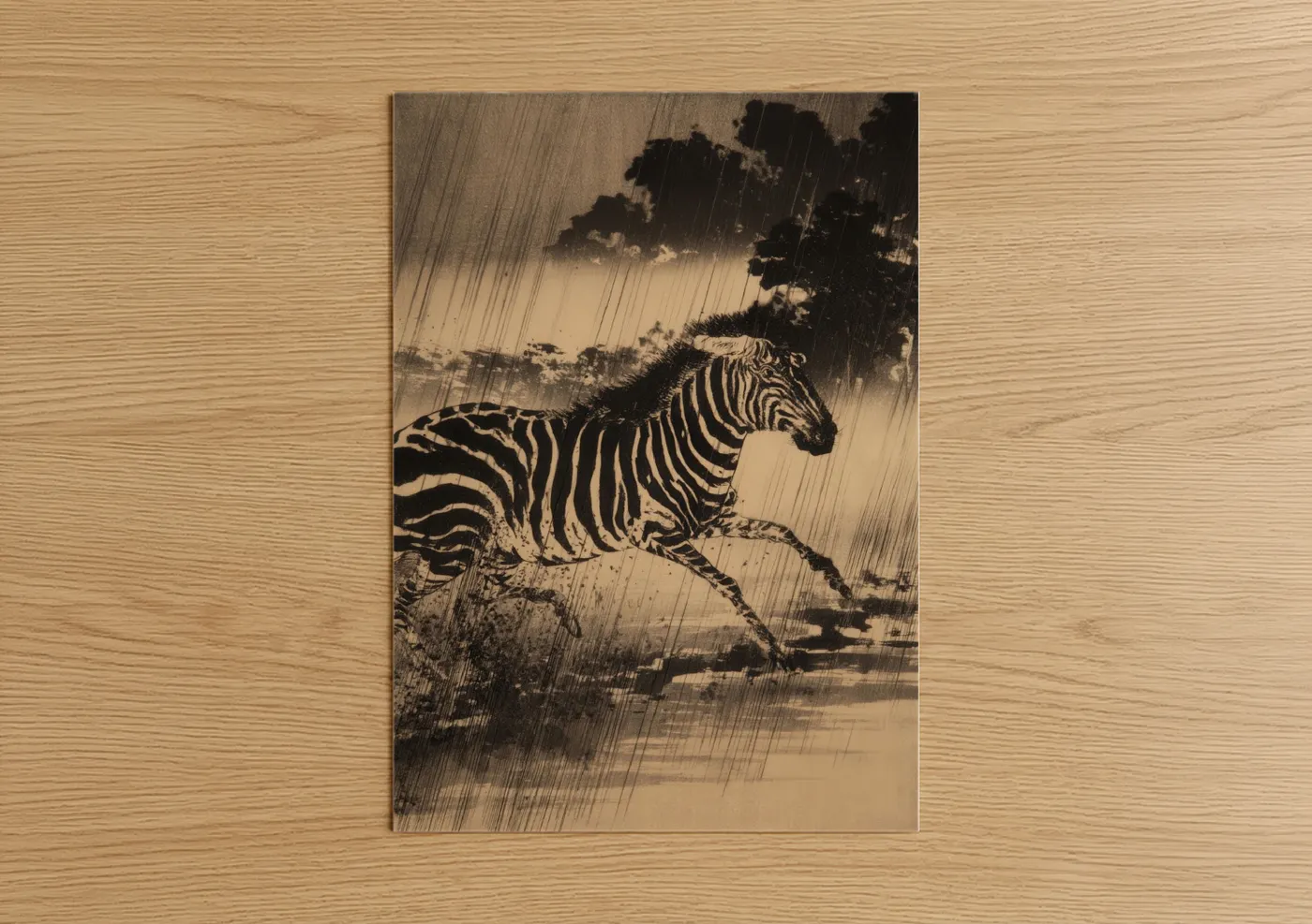 Art print on warm oak wood — black and white and nobel palette — Stormy Zebra poster