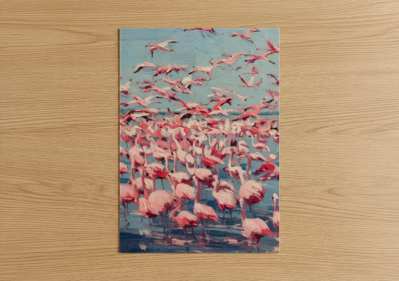 Art print on warm oak wood — salmon pink and blue palette — Flamingo Flight poster