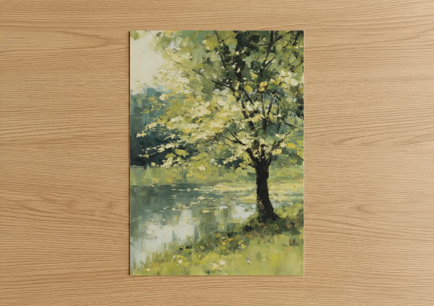 Linden tree art print on warm oak wood — light green and yellow gold palette — Riverside Linden poster