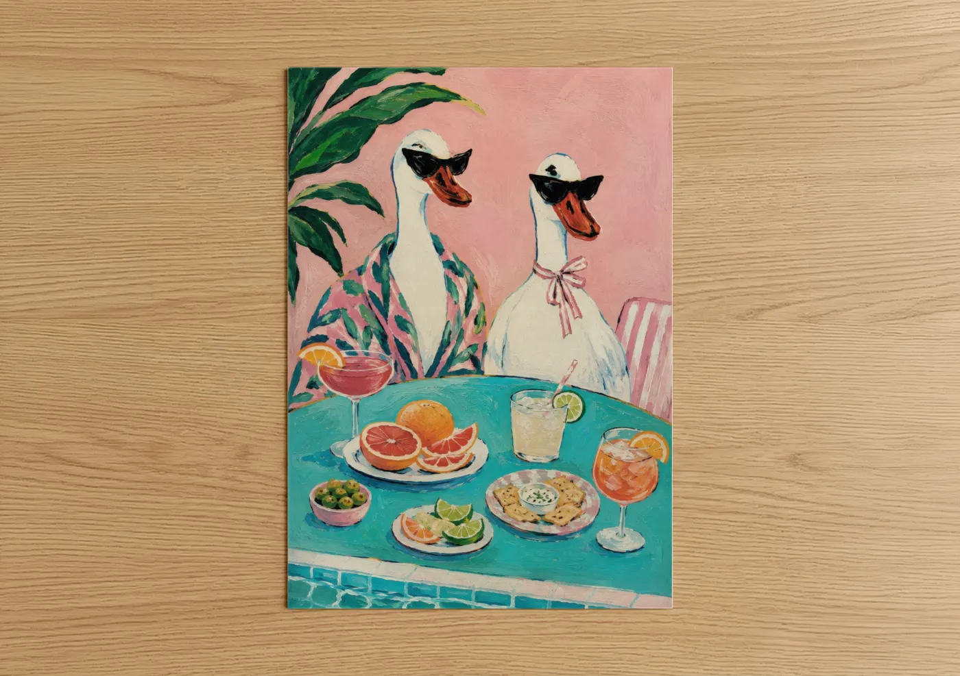 Art print on warm oak wood — pink and teal palette — Tropical Geese Cocktail Party Wall Art poster