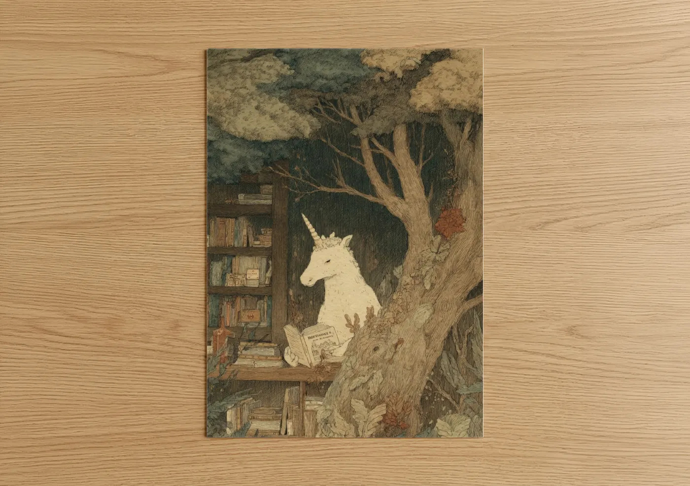 Whimsical Unicorn Reading in Forest Library Wall Art