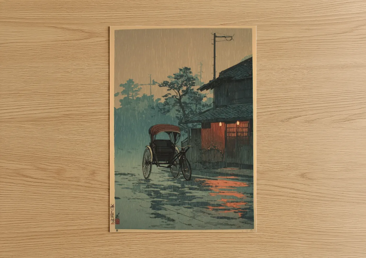 Rainy Rickshaw Japanese Woodblock Art Wall Art