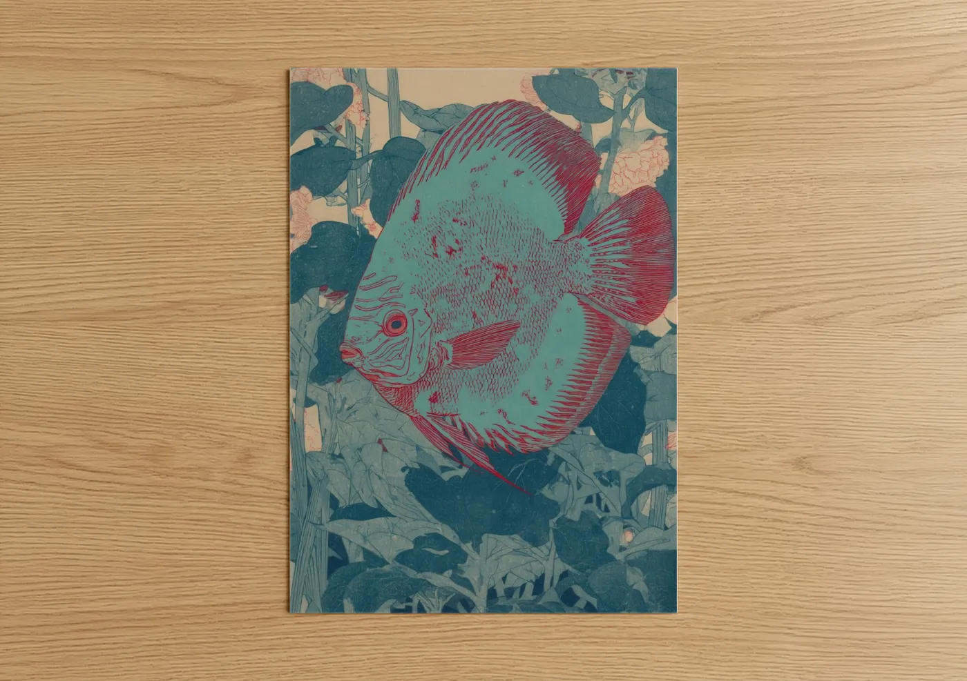Art print on warm oak wood — teal and red palette — Crimson Discus Fish poster