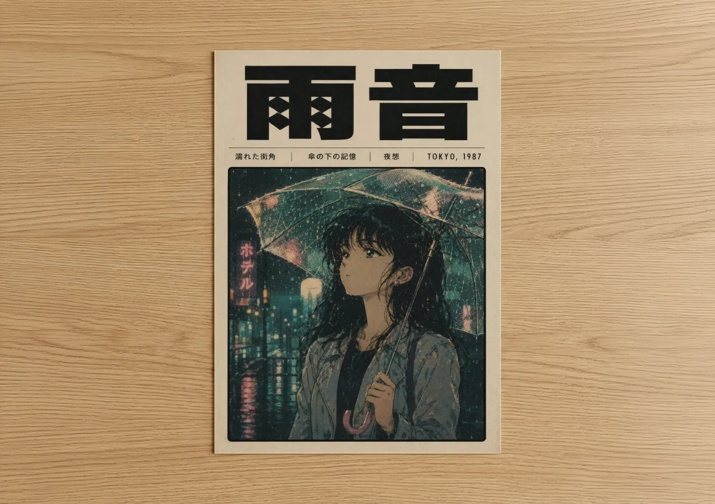 Anime and manga art print on warm oak wood — teal and black palette — Tokyo Rainy Night Anime Wall Art poster